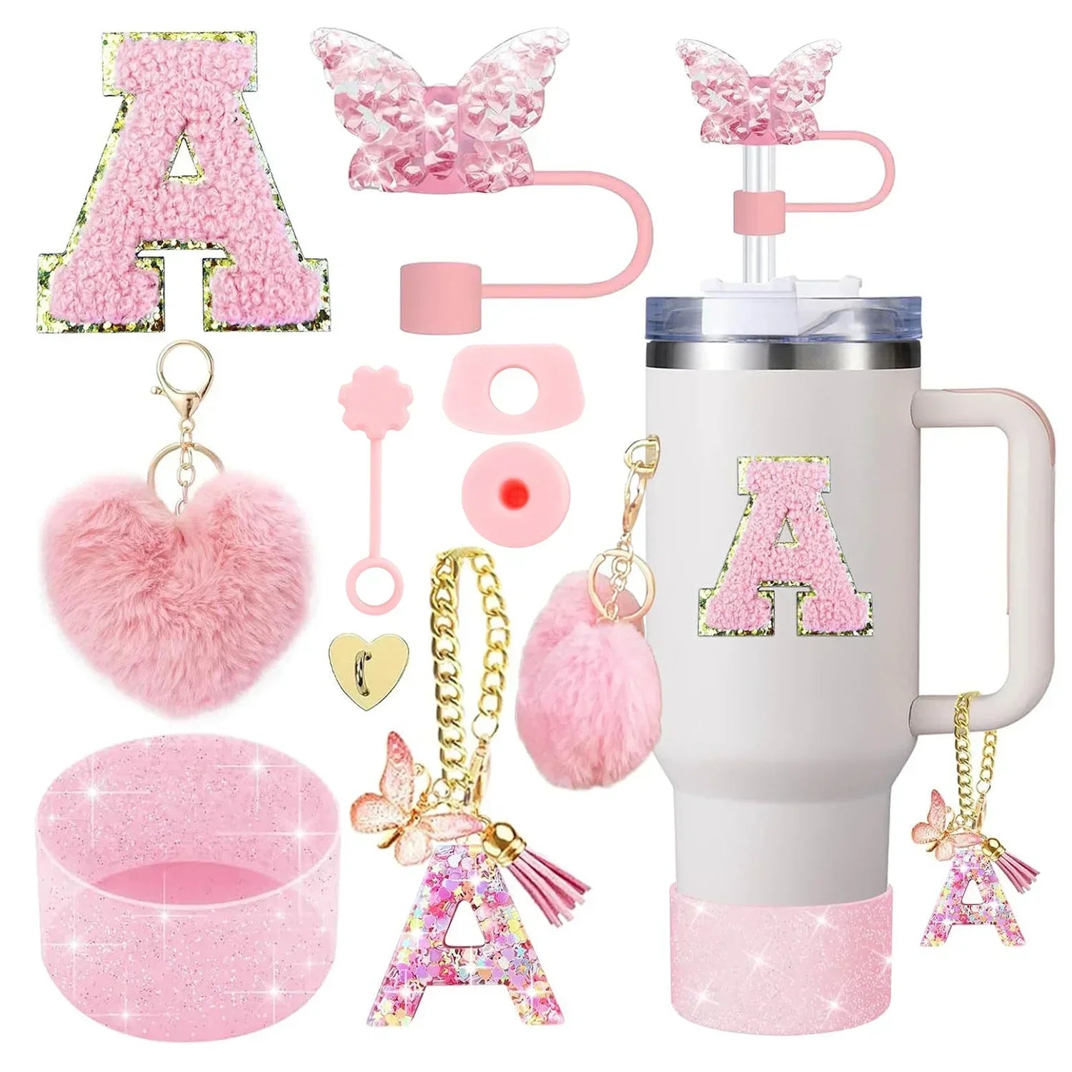 9-Piece Pink Butterfly & Initial Cup Accessory Set for Stanley