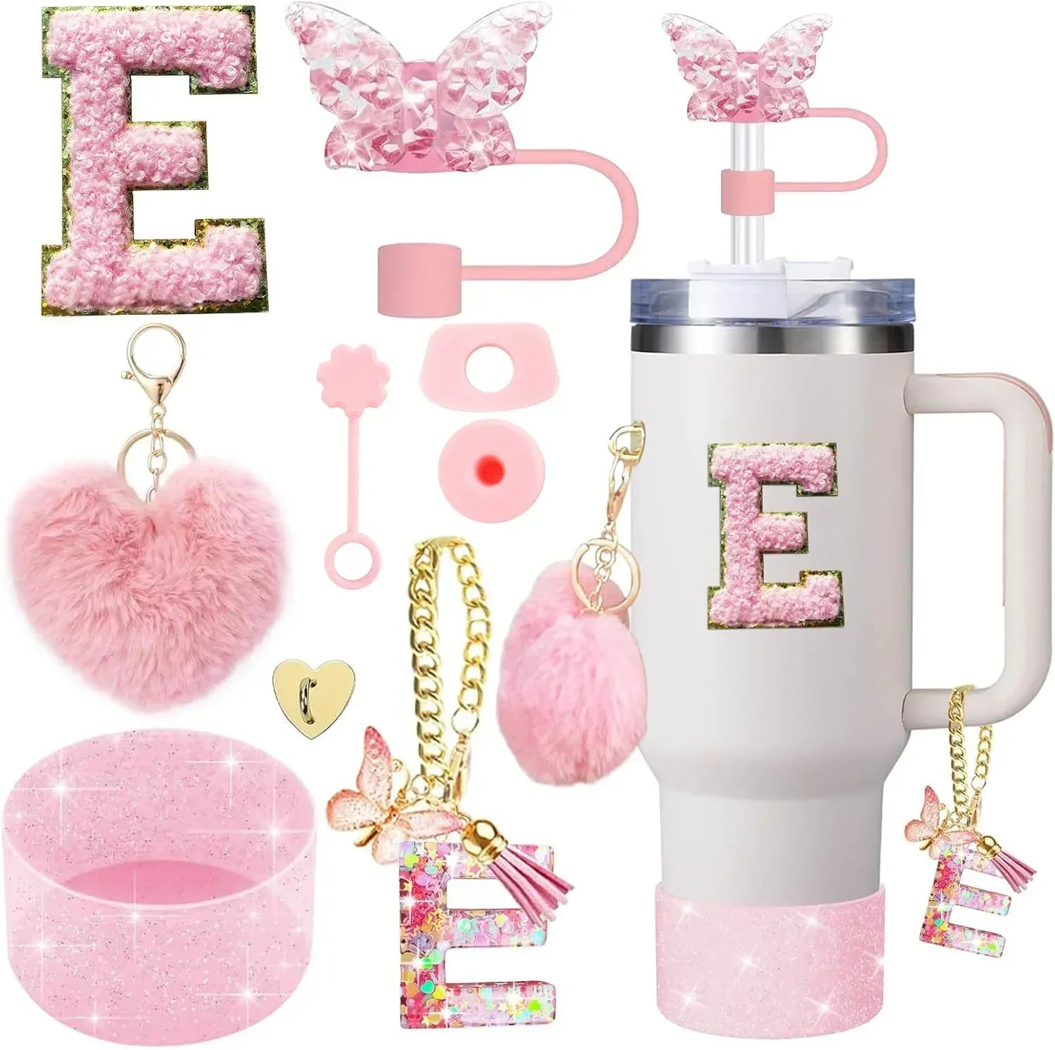 9-Piece Pink Butterfly & Initial Cup Accessory Set for Stanley