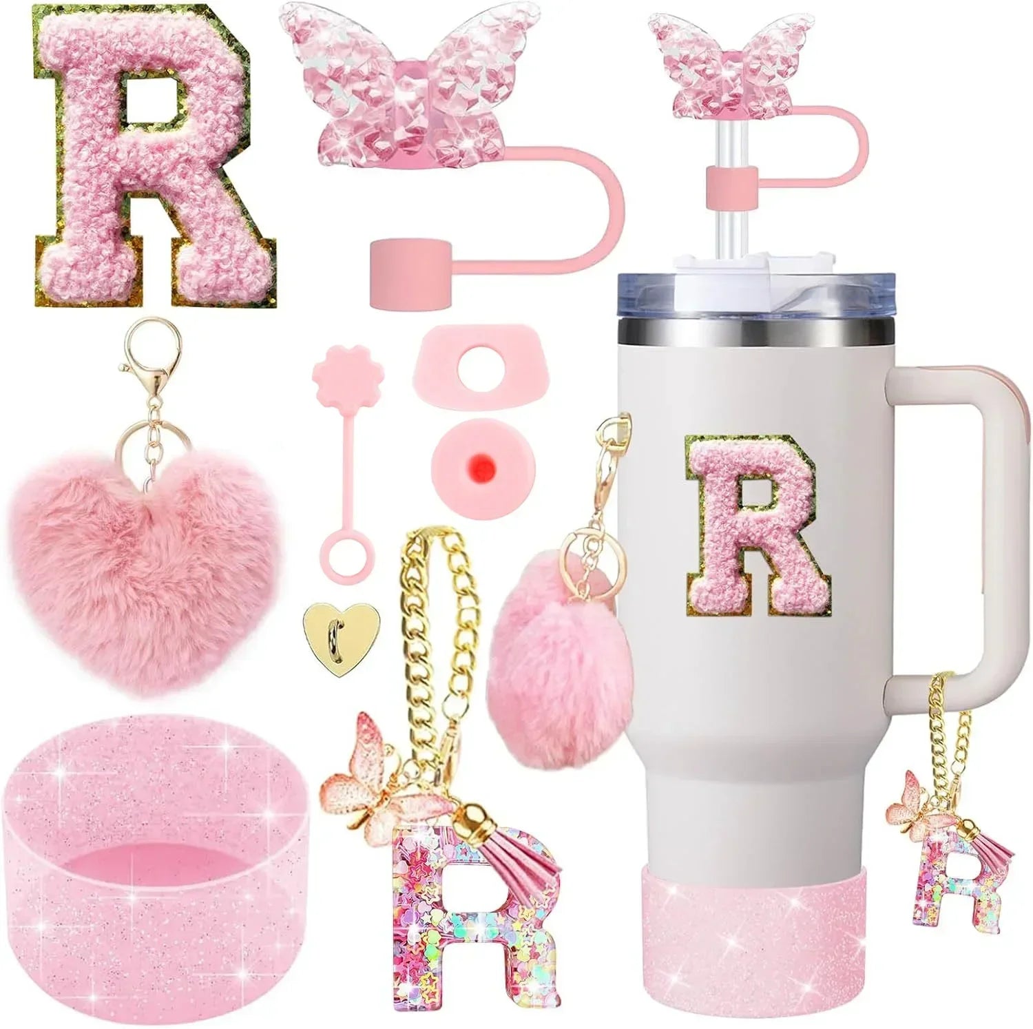 9-Piece Pink Butterfly & Initial Cup Accessory Set for Stanley