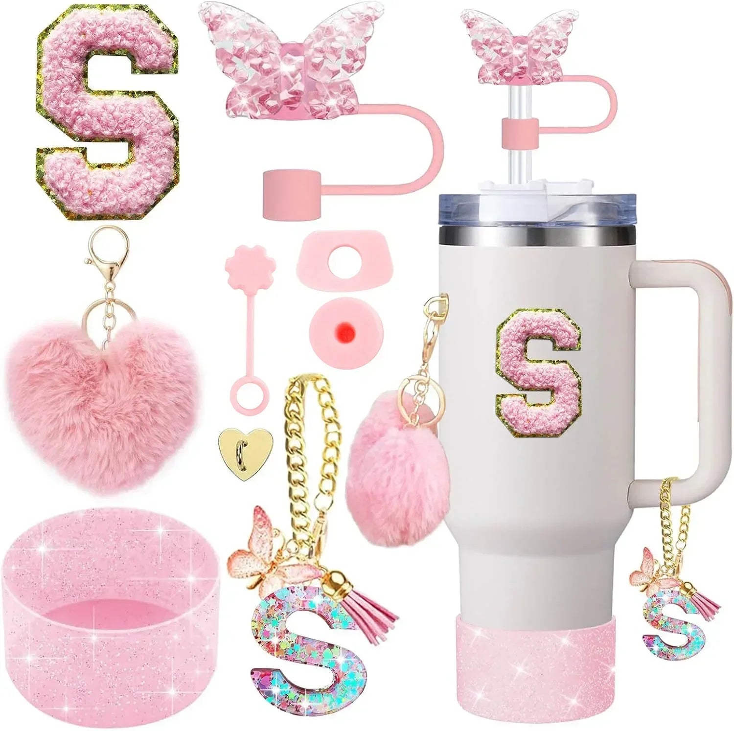 9-Piece Pink Butterfly & Initial Cup Accessory Set for Stanley