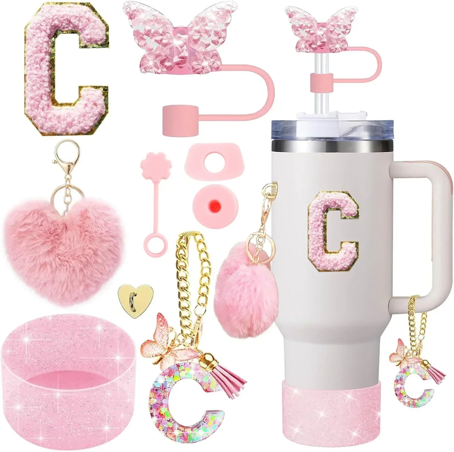 9-Piece Pink Butterfly & Initial Cup Accessory Set for Stanley