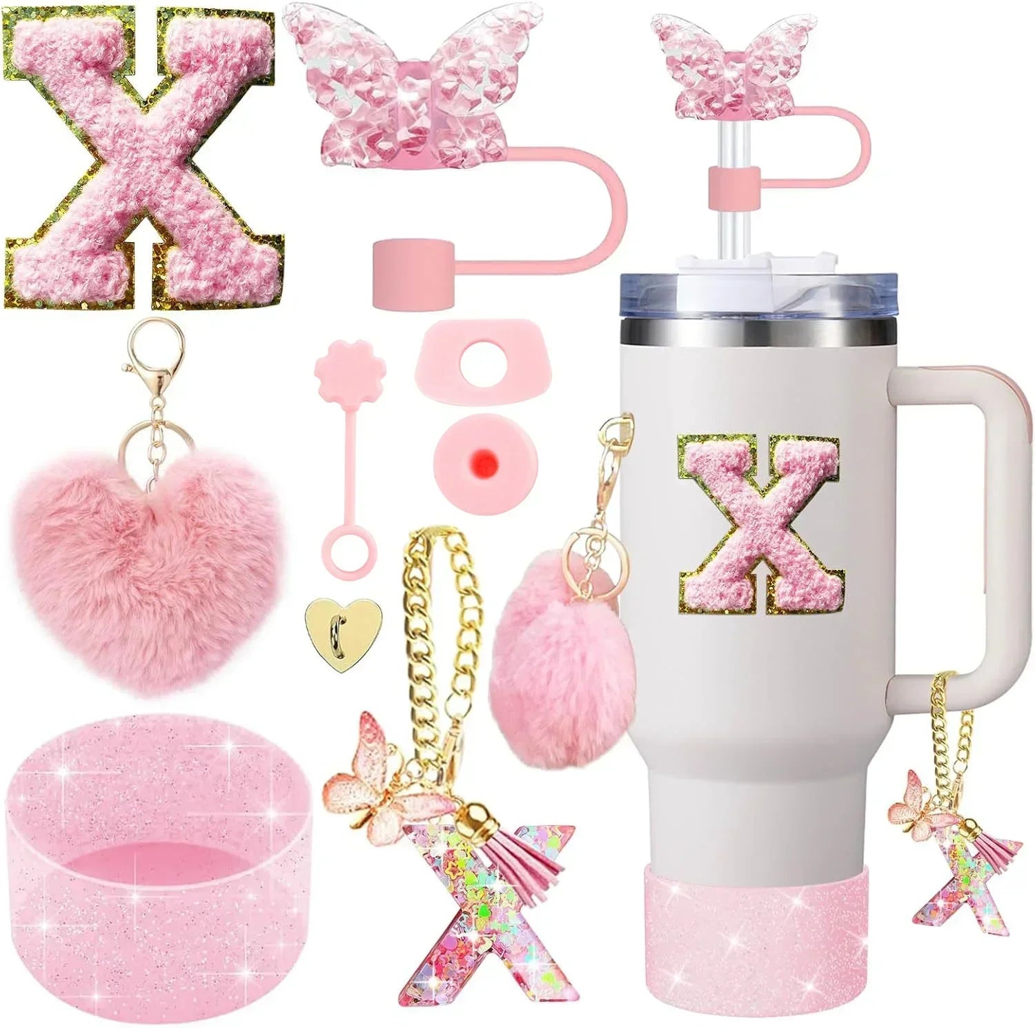 9-Piece Pink Butterfly & Initial Cup Accessory Set for Stanley