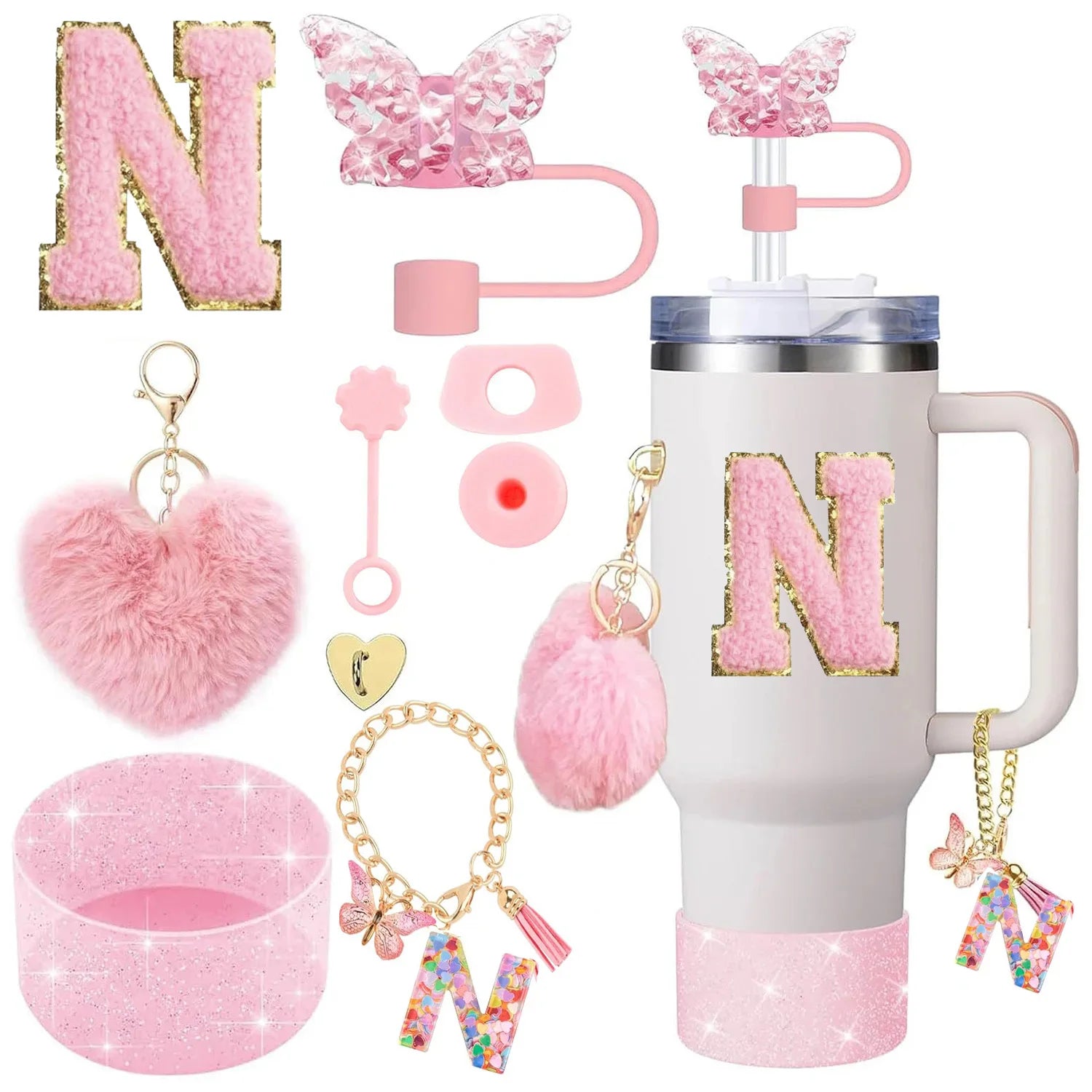 9-Piece Pink Butterfly & Initial Cup Accessory Set for Stanley