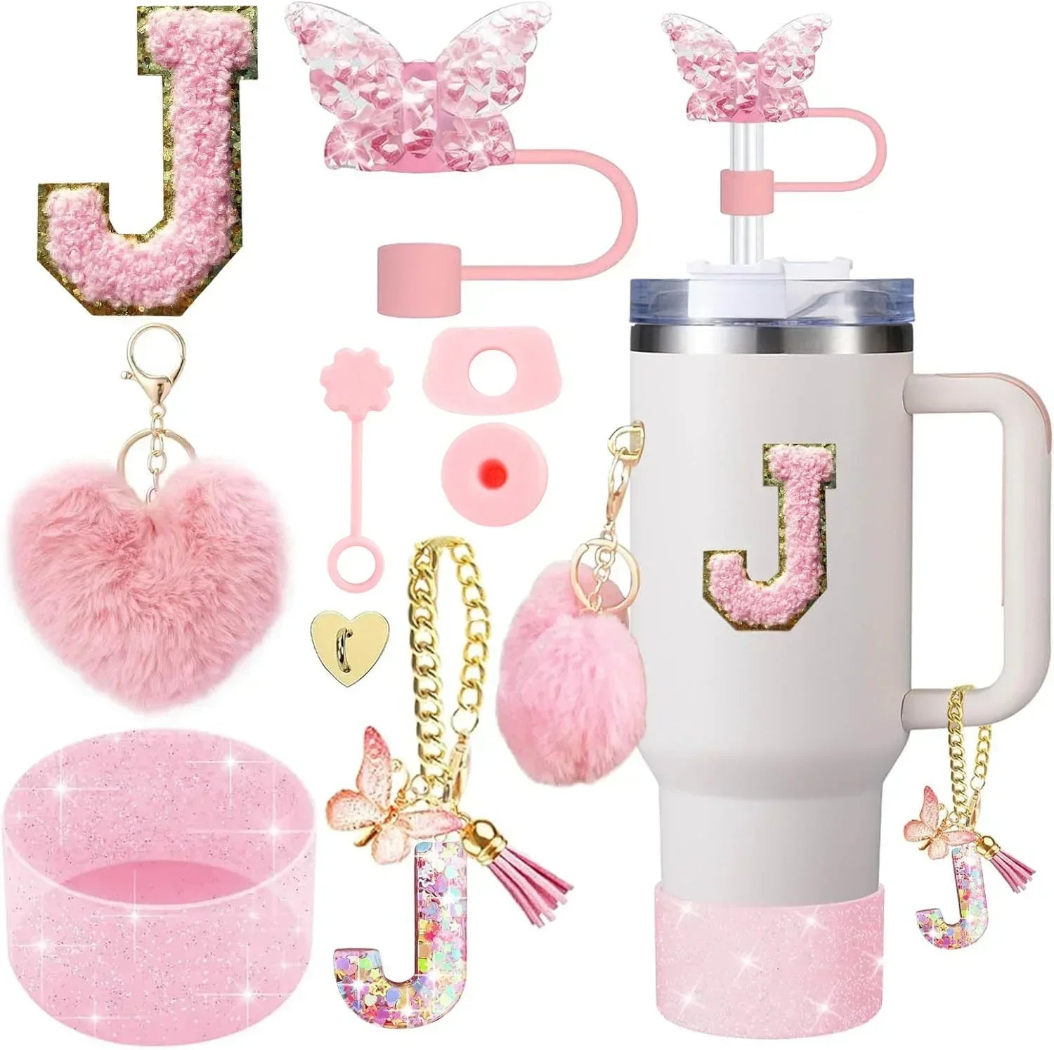 9-Piece Pink Butterfly & Initial Cup Accessory Set for Stanley