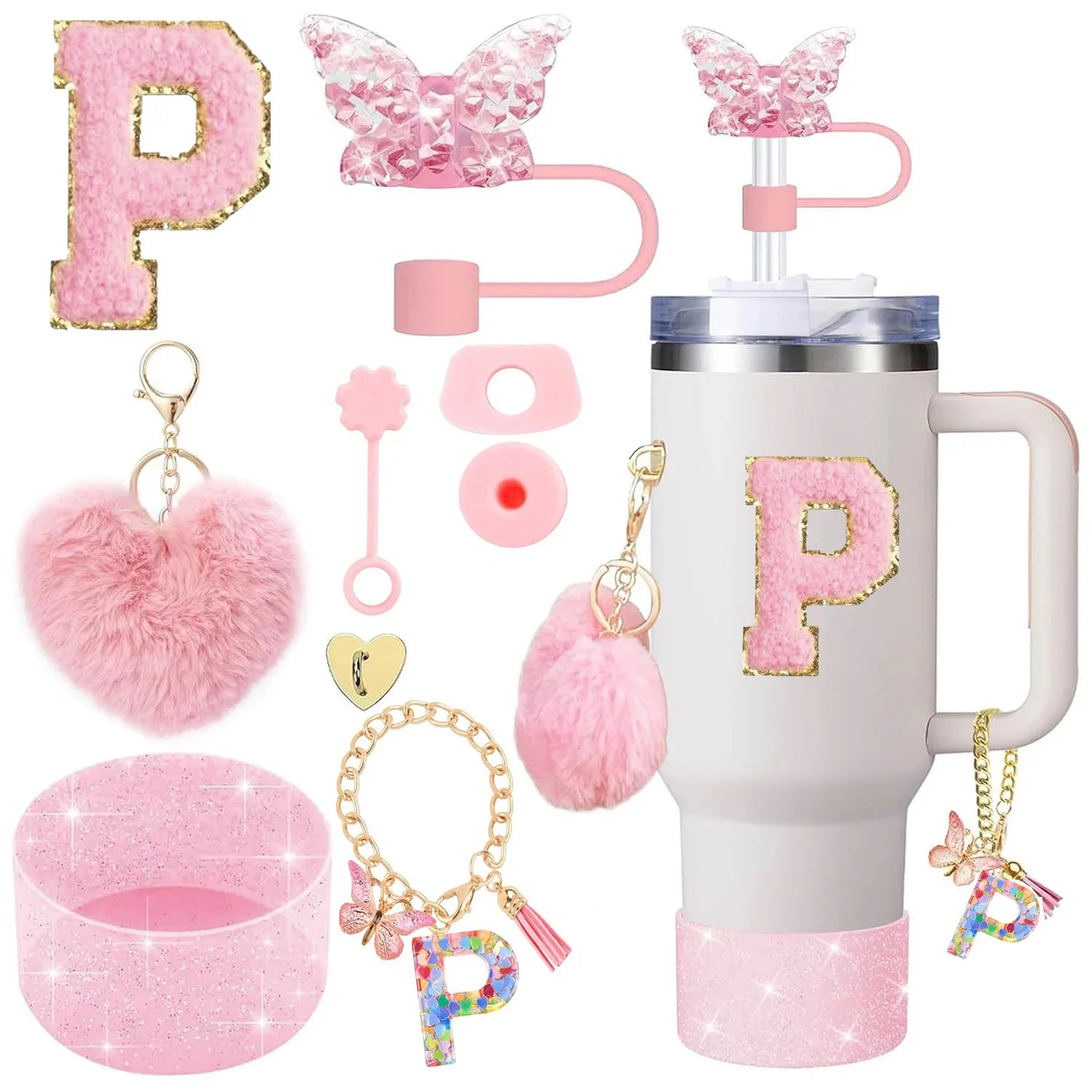 9-Piece Pink Butterfly & Initial Cup Accessory Set for Stanley