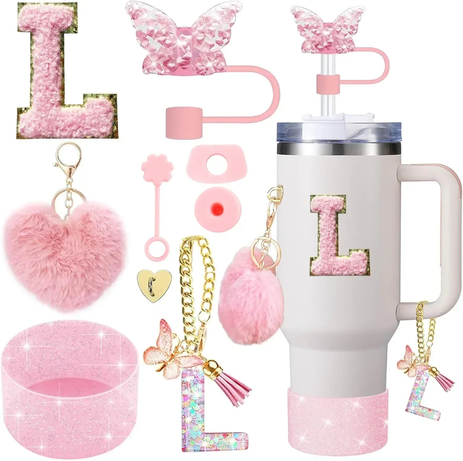 9-Piece Pink Butterfly & Initial Cup Accessory Set for Stanley