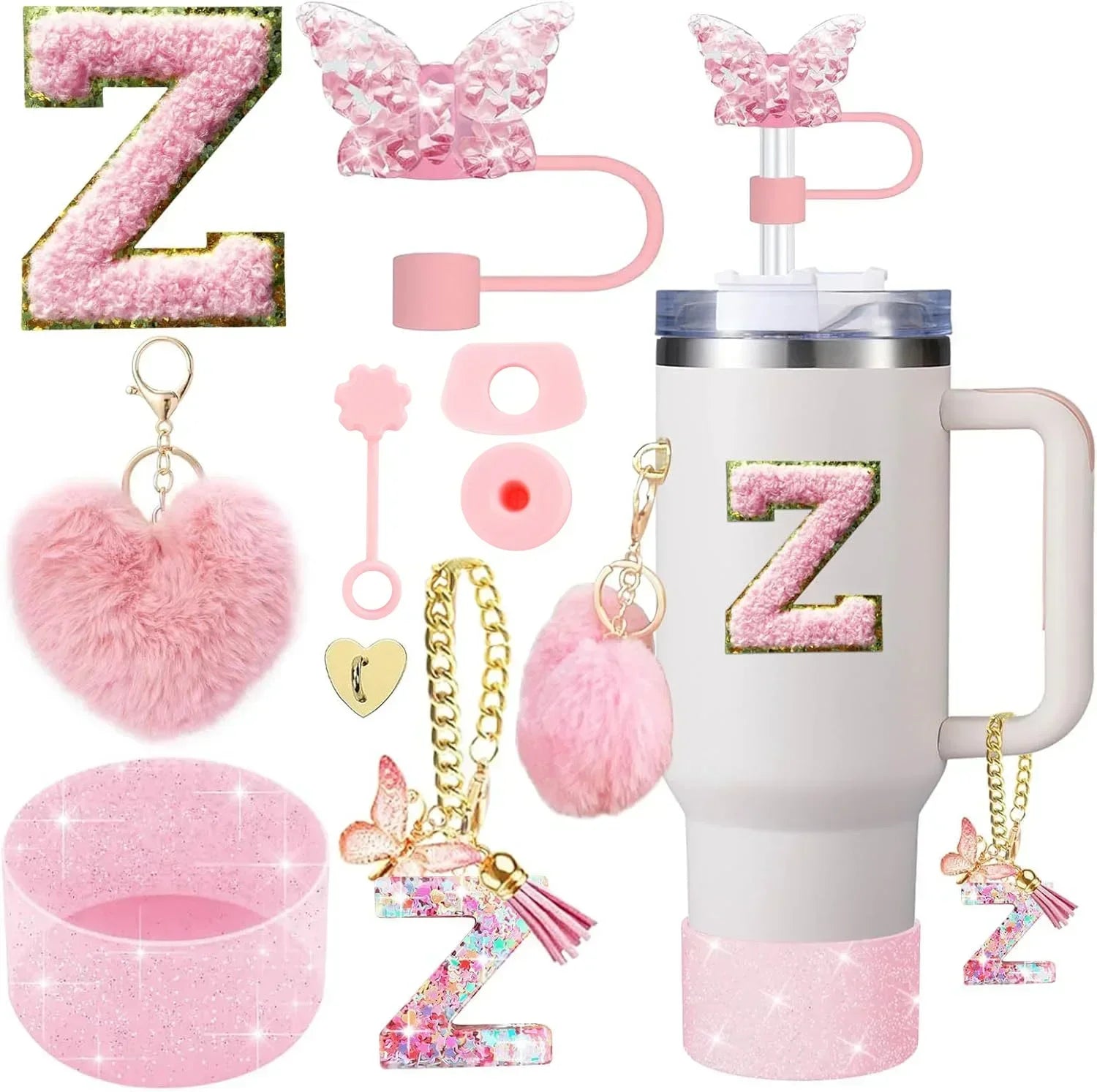 9-Piece Pink Butterfly & Initial Cup Accessory Set for Stanley