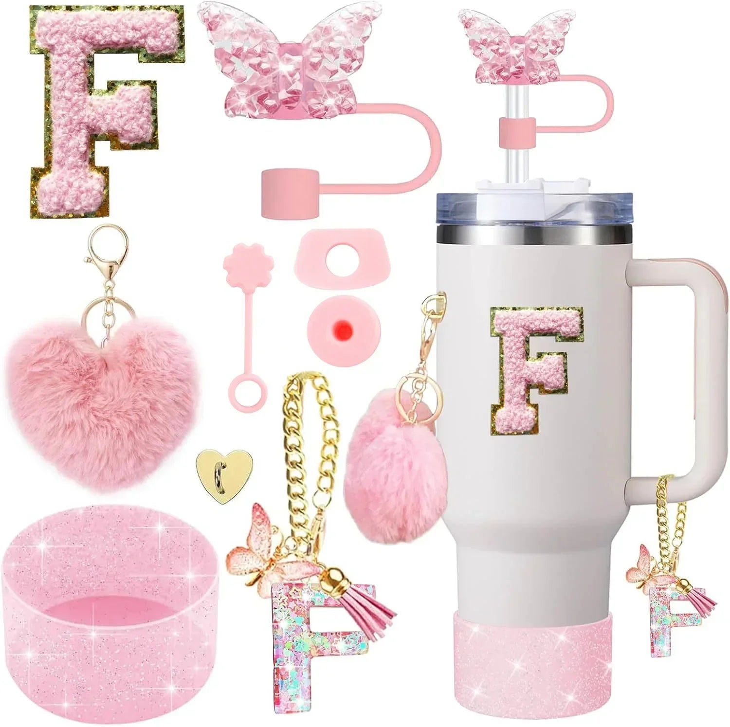 9-Piece Pink Butterfly & Initial Cup Accessory Set for Stanley