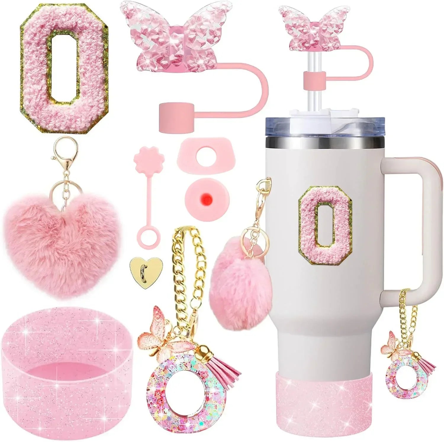 9-Piece Pink Butterfly & Initial Cup Accessory Set for Stanley