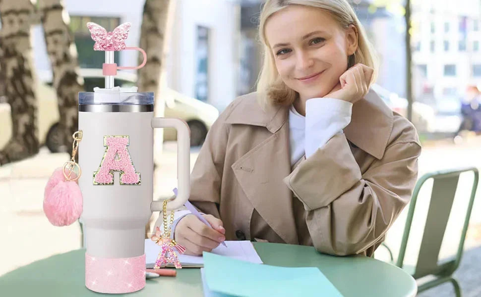 9-Piece Pink Butterfly & Initial Cup Accessory Set for Stanley