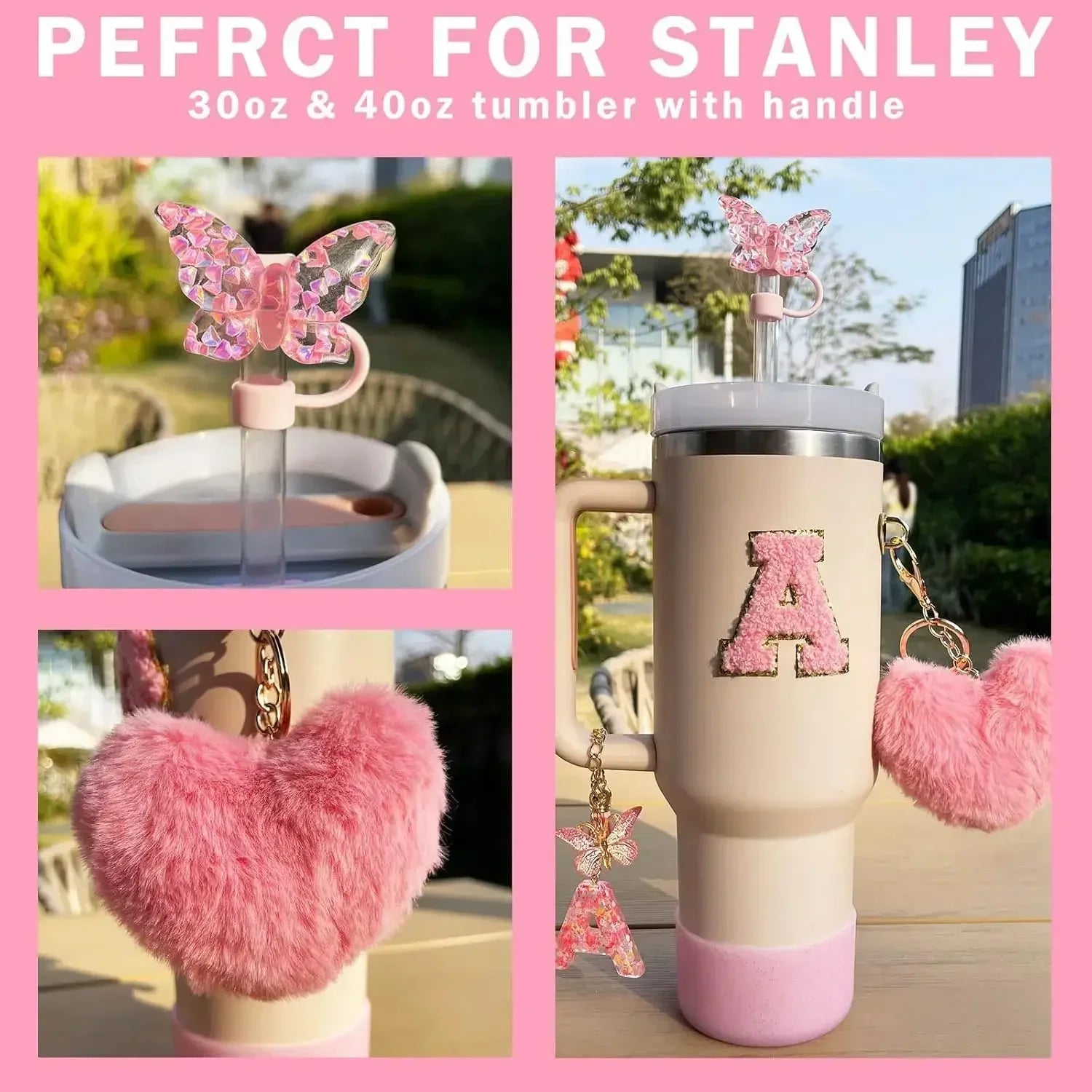 9-Piece Pink Butterfly & Initial Cup Accessory Set for Stanley