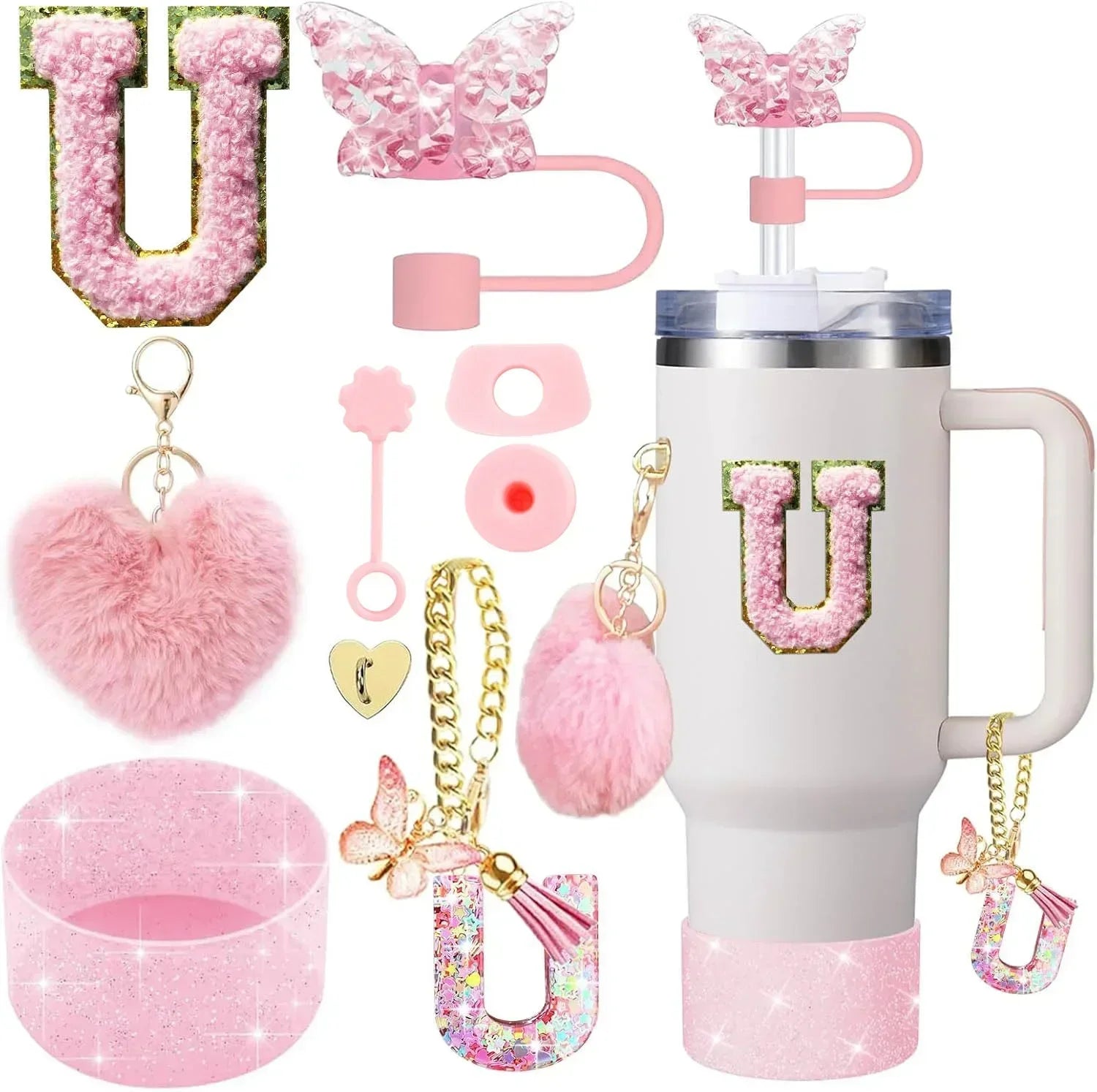9-Piece Pink Butterfly & Initial Cup Accessory Set for Stanley