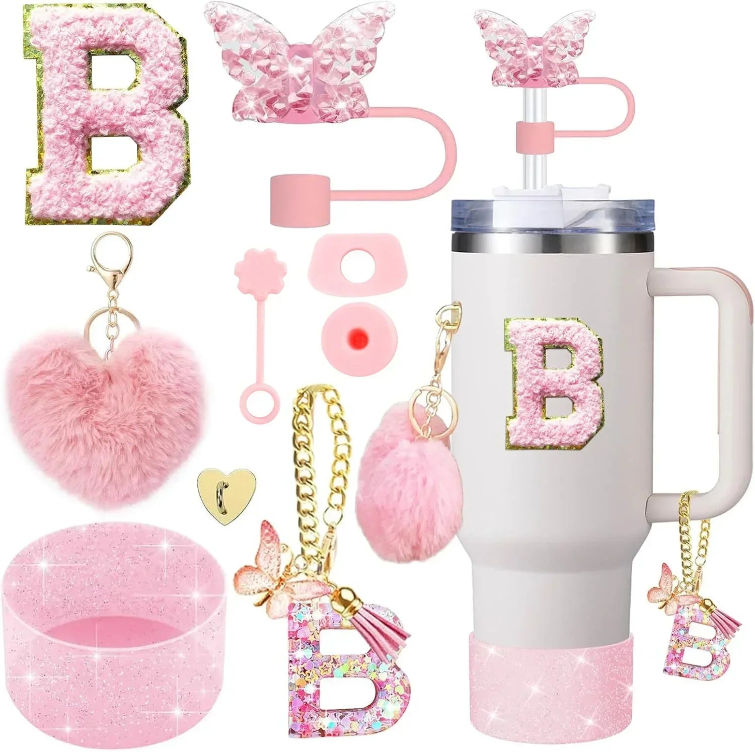 9-Piece Pink Butterfly & Initial Cup Accessory Set for Stanley
