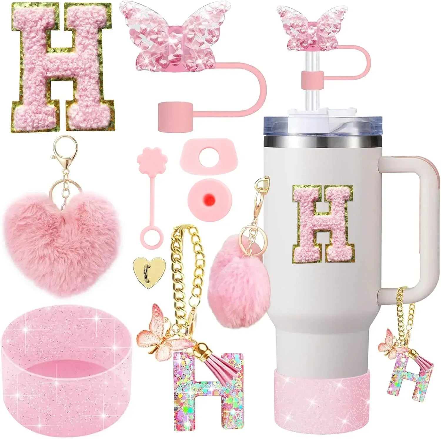 9-Piece Pink Butterfly & Initial Cup Accessory Set for Stanley