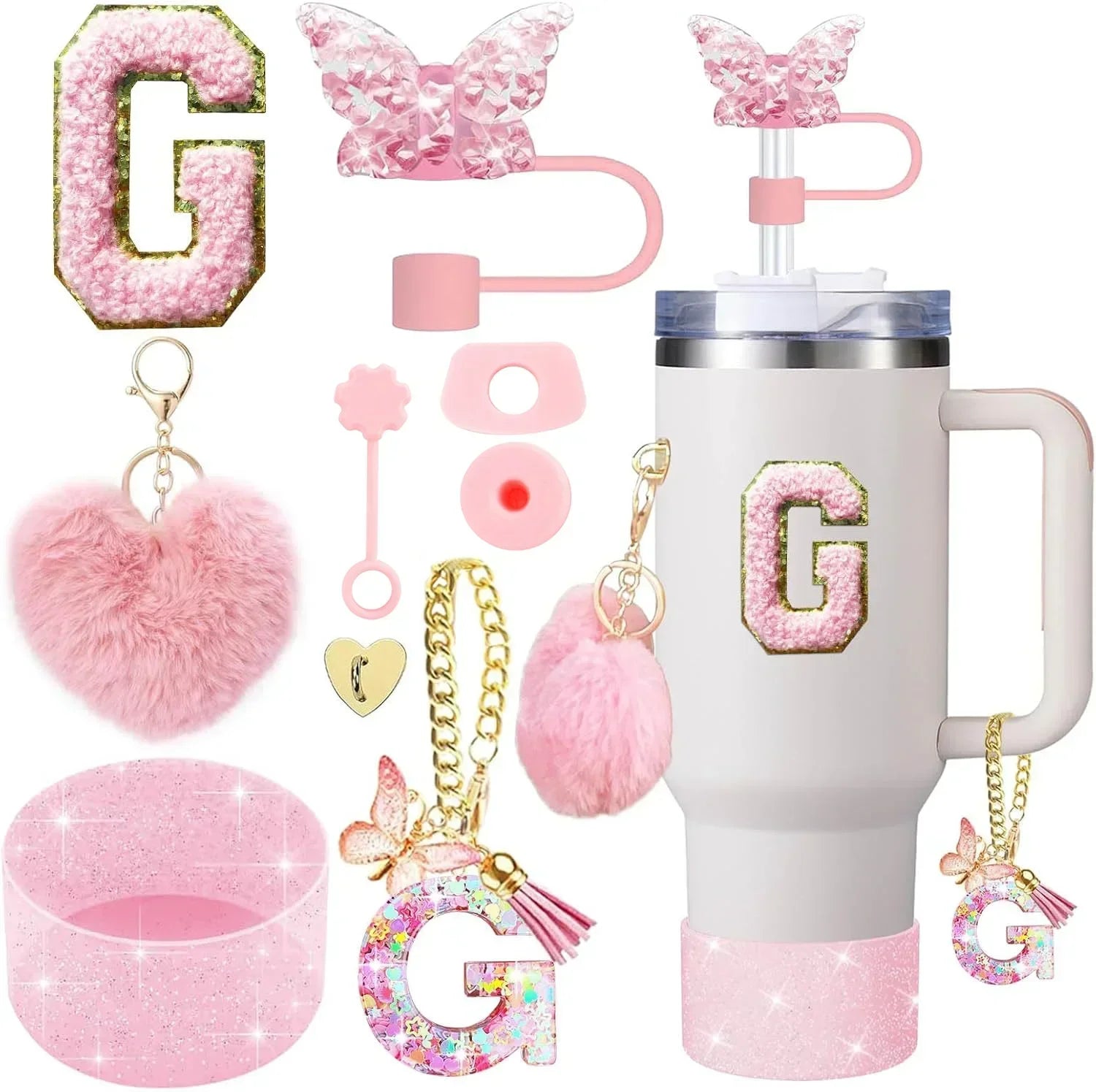 9-Piece Pink Butterfly & Initial Cup Accessory Set for Stanley