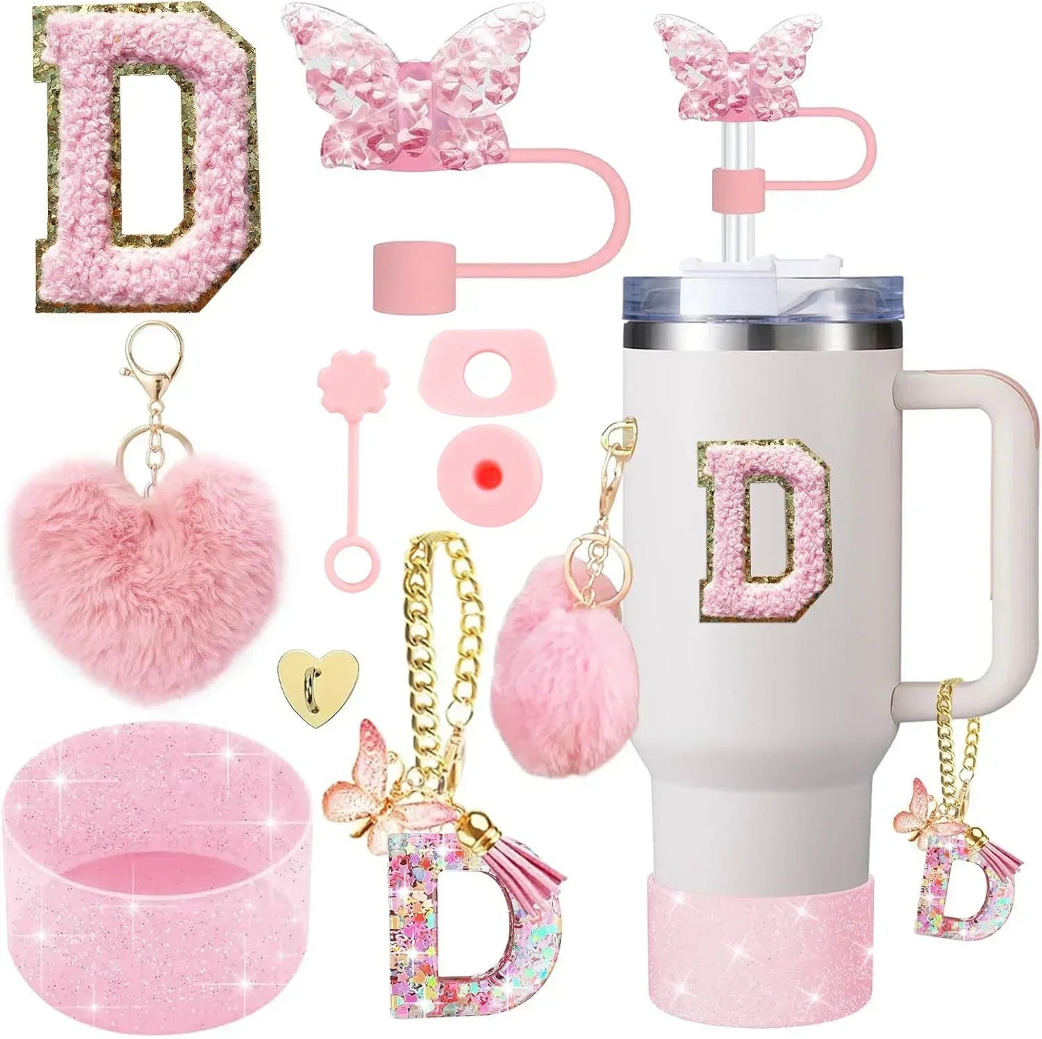 9-Piece Pink Butterfly & Initial Cup Accessory Set for Stanley