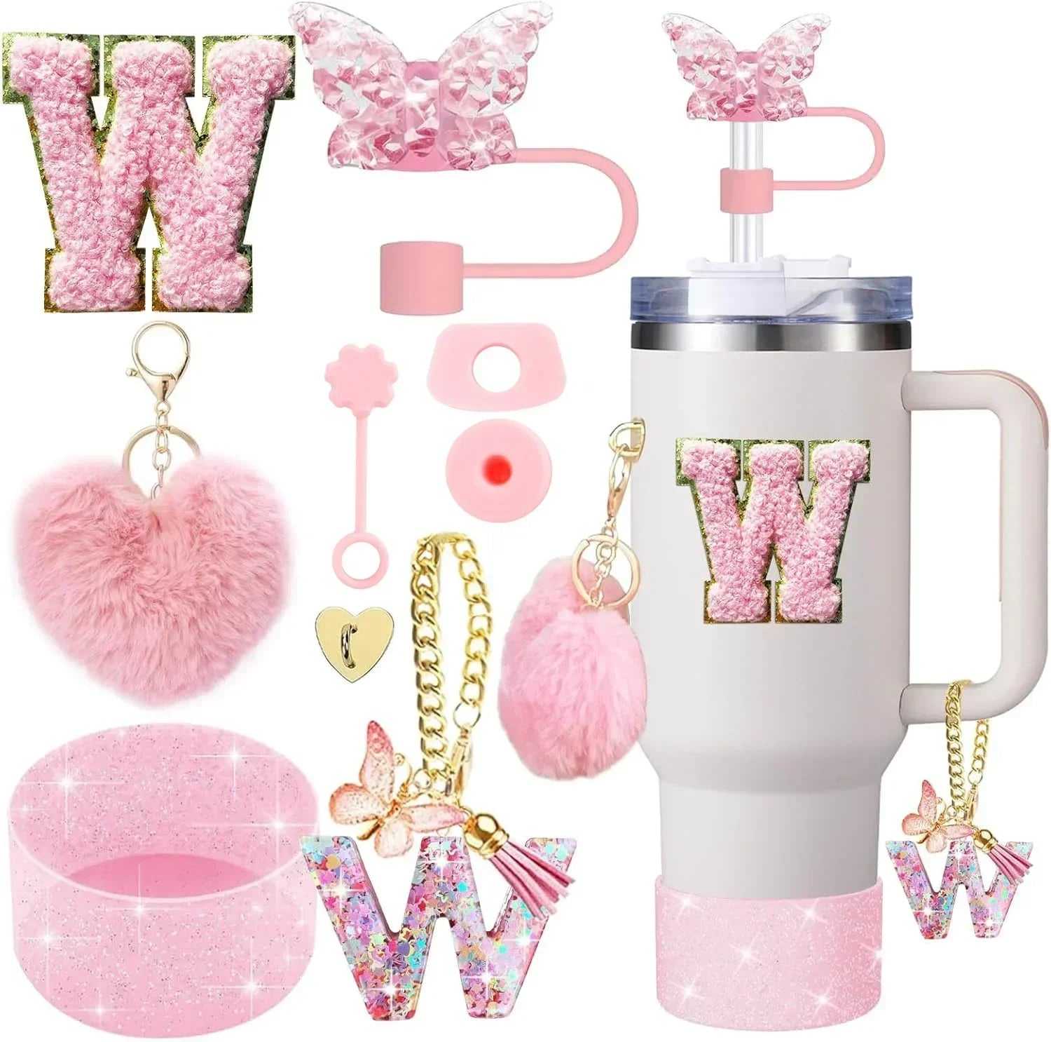 9-Piece Pink Butterfly & Initial Cup Accessory Set for Stanley