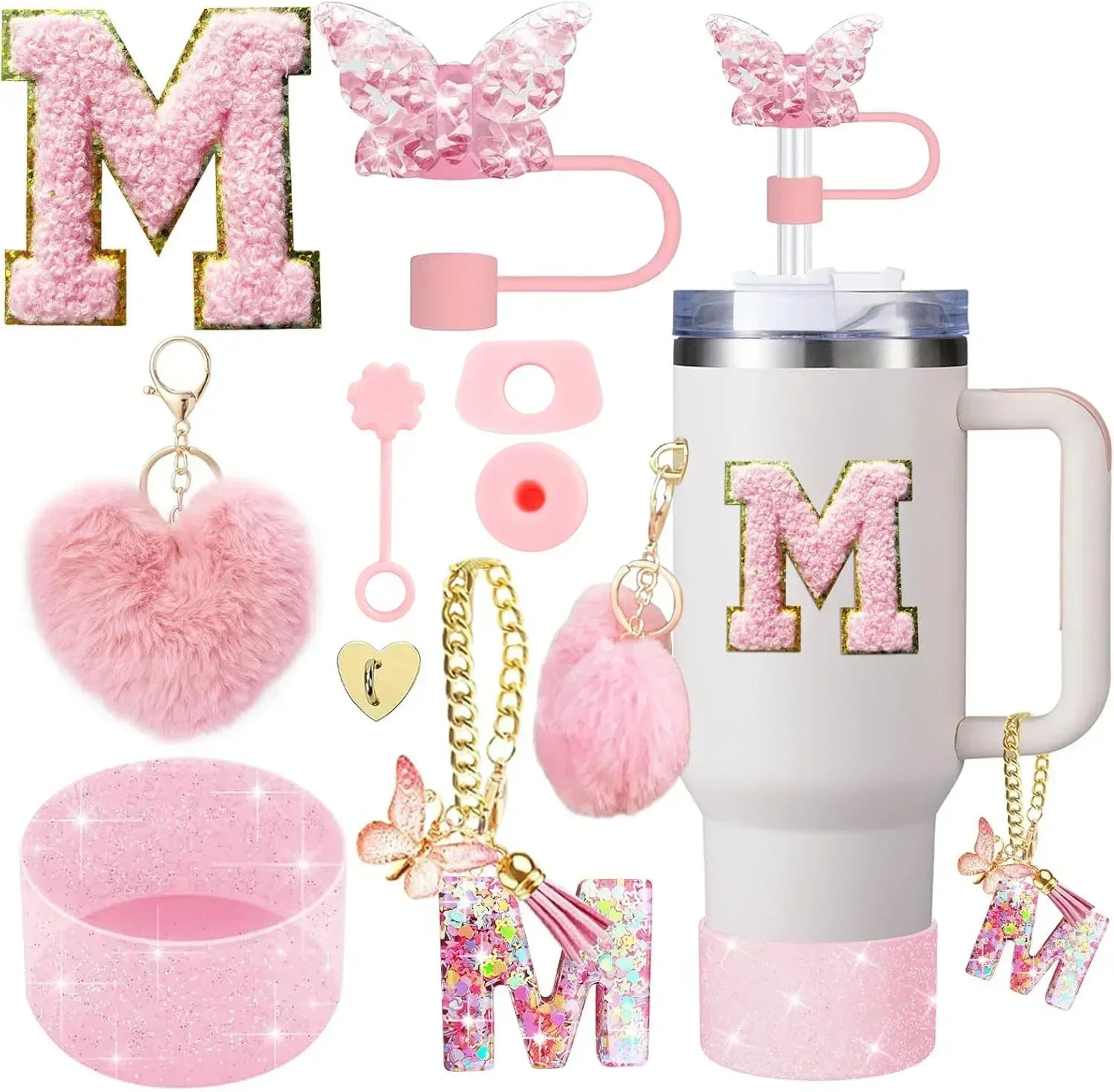 9-Piece Pink Butterfly & Initial Cup Accessory Set for Stanley