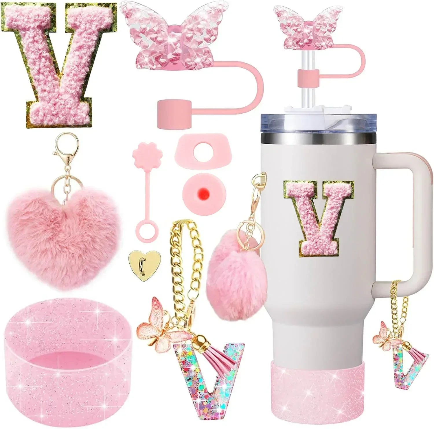 9-Piece Pink Butterfly & Initial Cup Accessory Set for Stanley