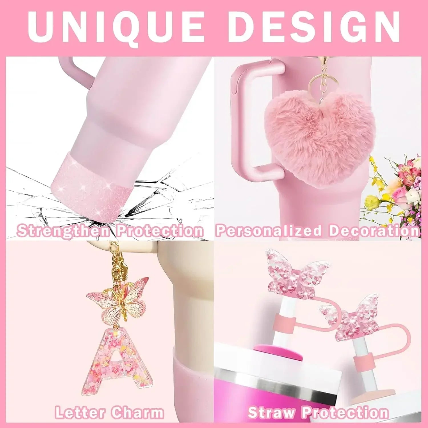 9-Piece Pink Butterfly & Initial Cup Accessory Set for Stanley