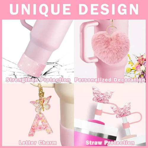 9-Piece Pink Butterfly & Initial Cup Accessory Set for Stanley
