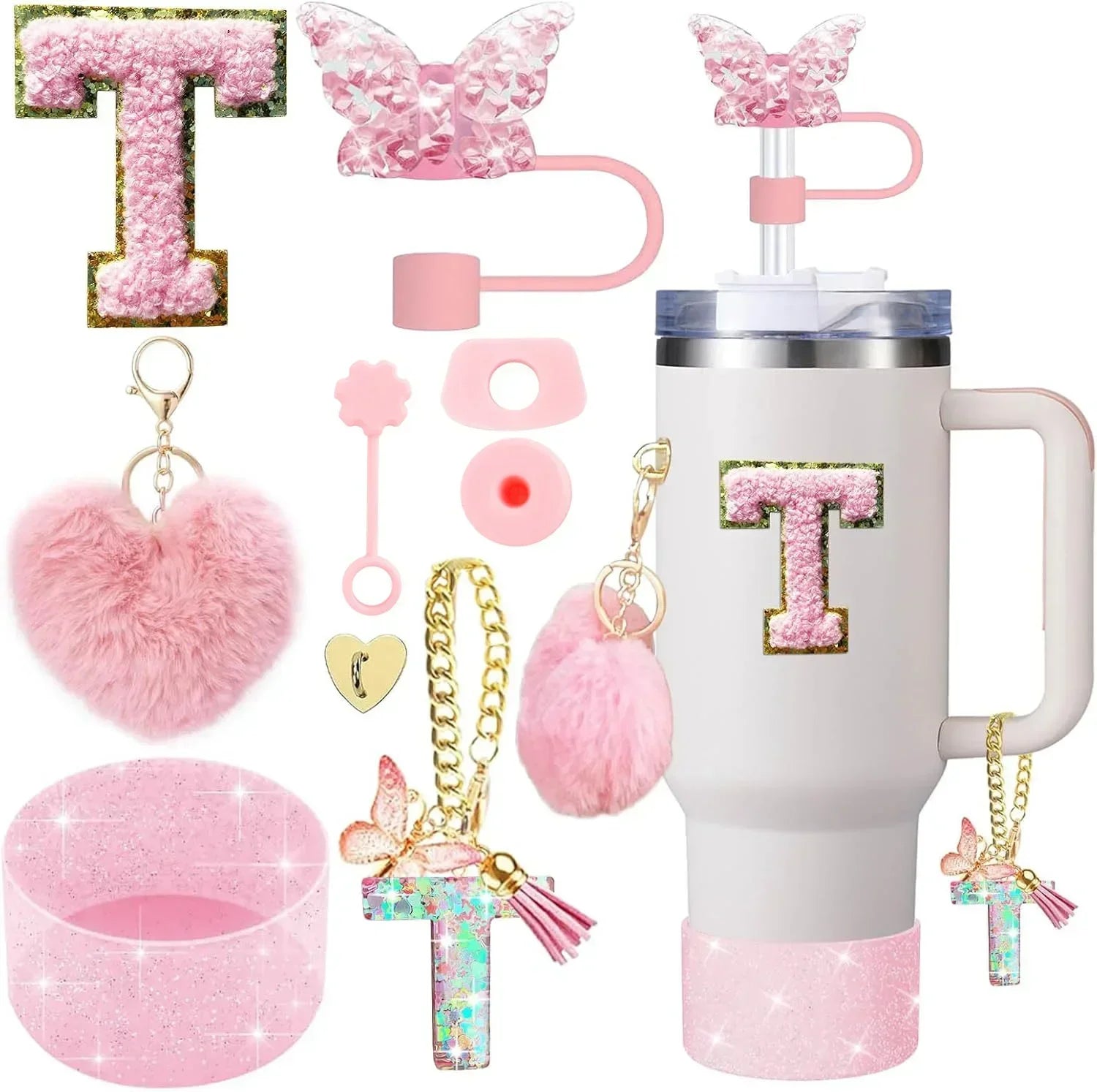 9-Piece Pink Butterfly & Initial Cup Accessory Set for Stanley