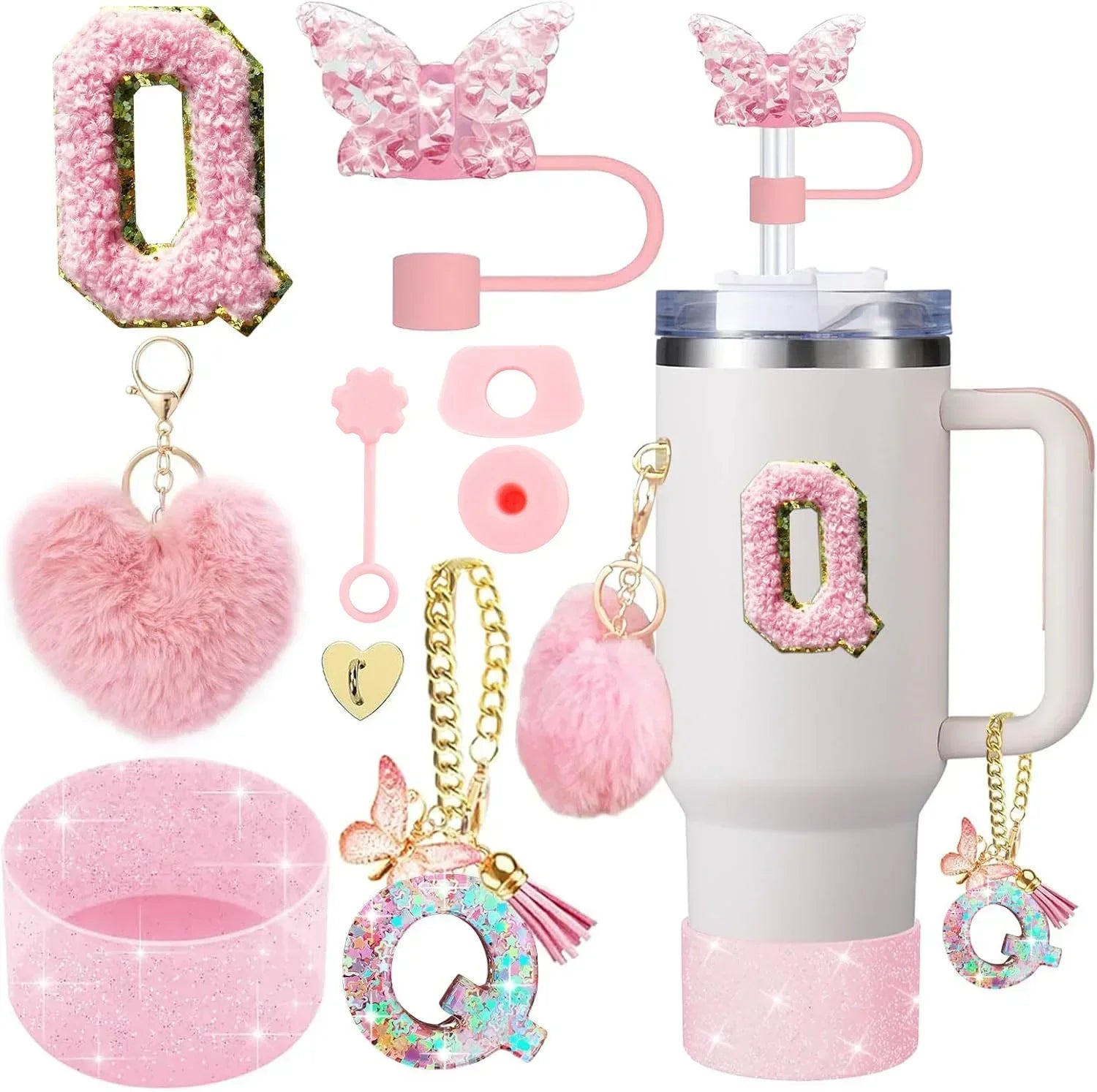 9-Piece Pink Butterfly & Initial Cup Accessory Set for Stanley