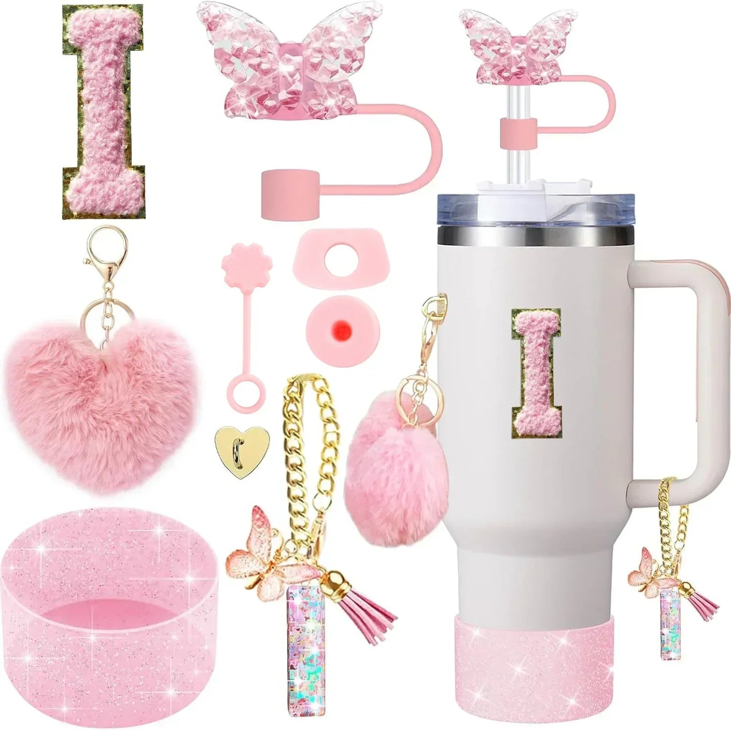 9-Piece Pink Butterfly & Initial Cup Accessory Set for Stanley