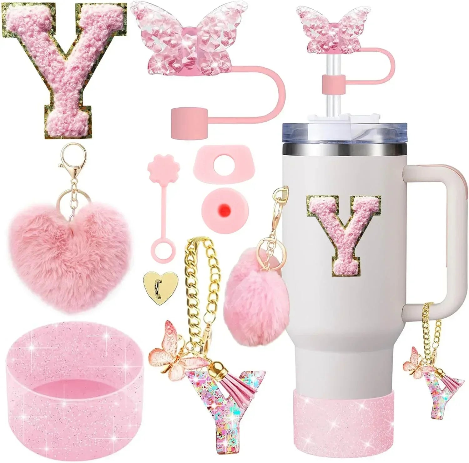 9-Piece Pink Butterfly & Initial Cup Accessory Set for Stanley