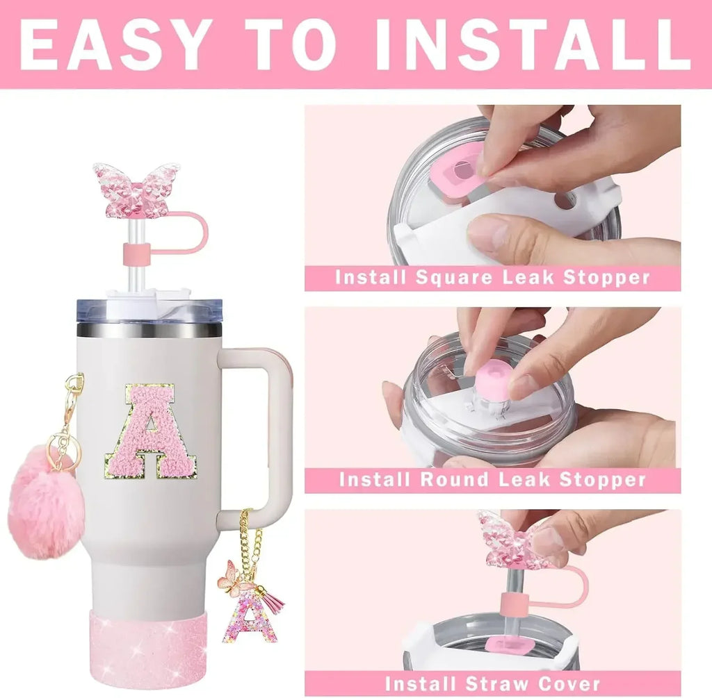 9-Piece Pink Butterfly & Initial Cup Accessory Set for Stanley