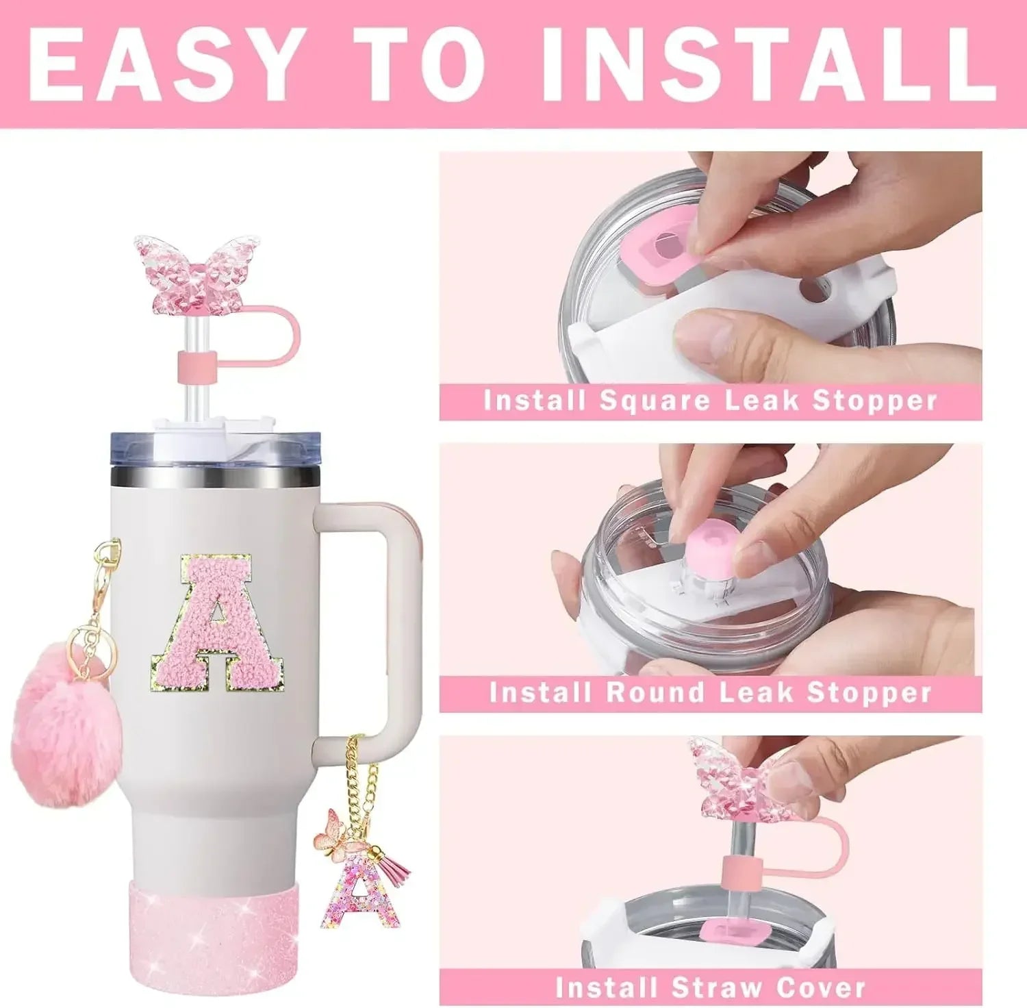 9-Piece Pink Butterfly & Initial Cup Accessory Set for Stanley