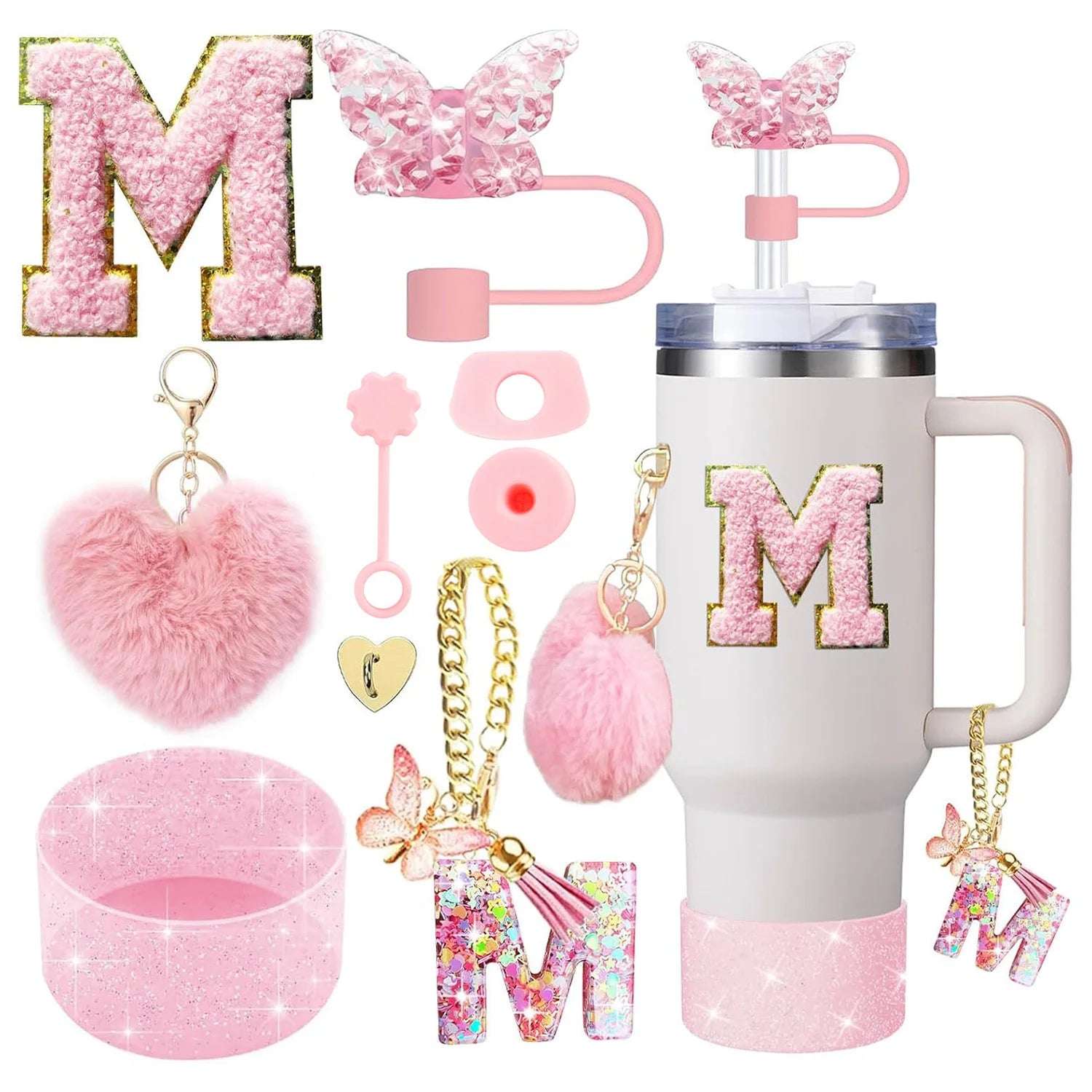 9-Piece Pink Butterfly & Initial Cup Accessory Set for Stanley