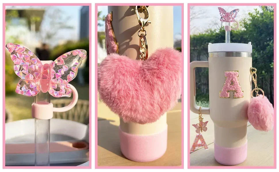 9-Piece Pink Butterfly & Initial Cup Accessory Set for Stanley