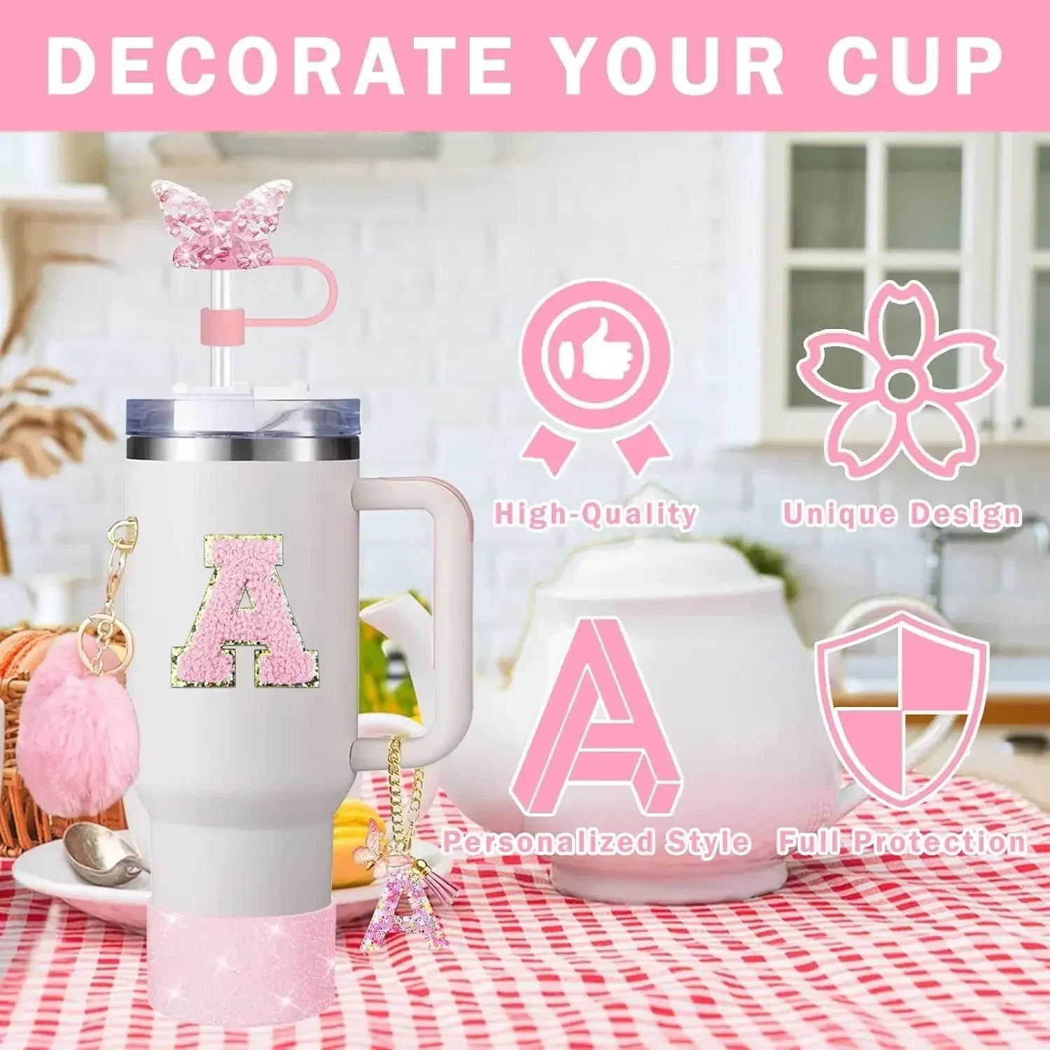9-Piece Pink Butterfly & Initial Cup Accessory Set for Stanley