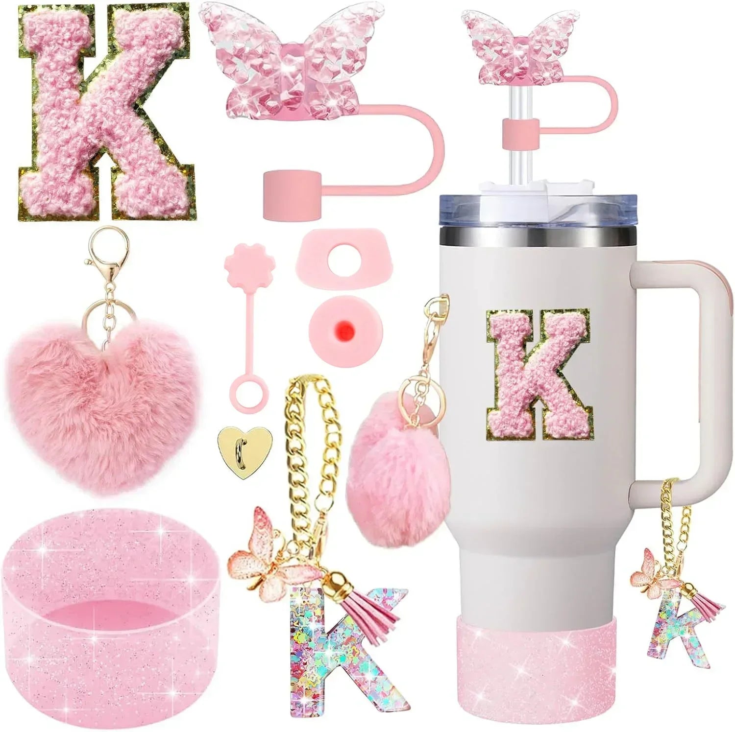 9-Piece Pink Butterfly & Initial Cup Accessory Set for Stanley